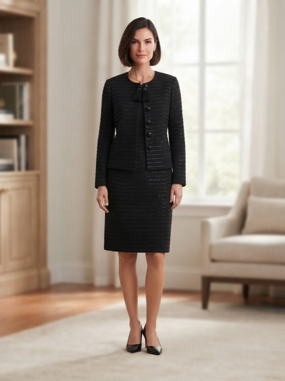 St. John Knits Black Textured Sequin Two-Piece Skirt Suit Set size 8